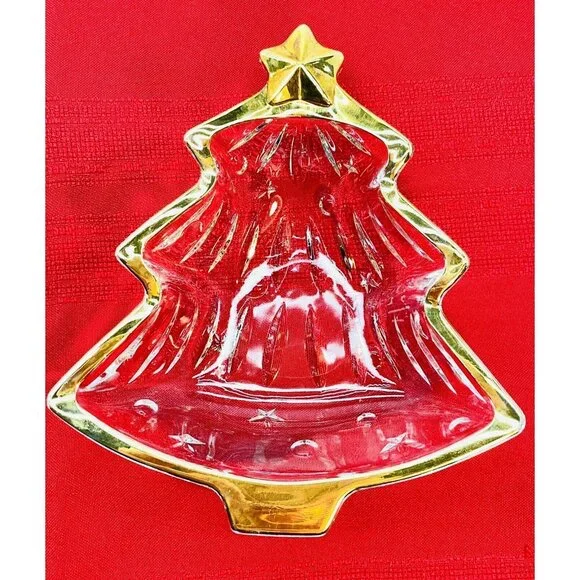 Vintage Mikasa Crystal Dish Christmas Tree With Star Gold Trim 6" Japan - Picture 2 of 10
